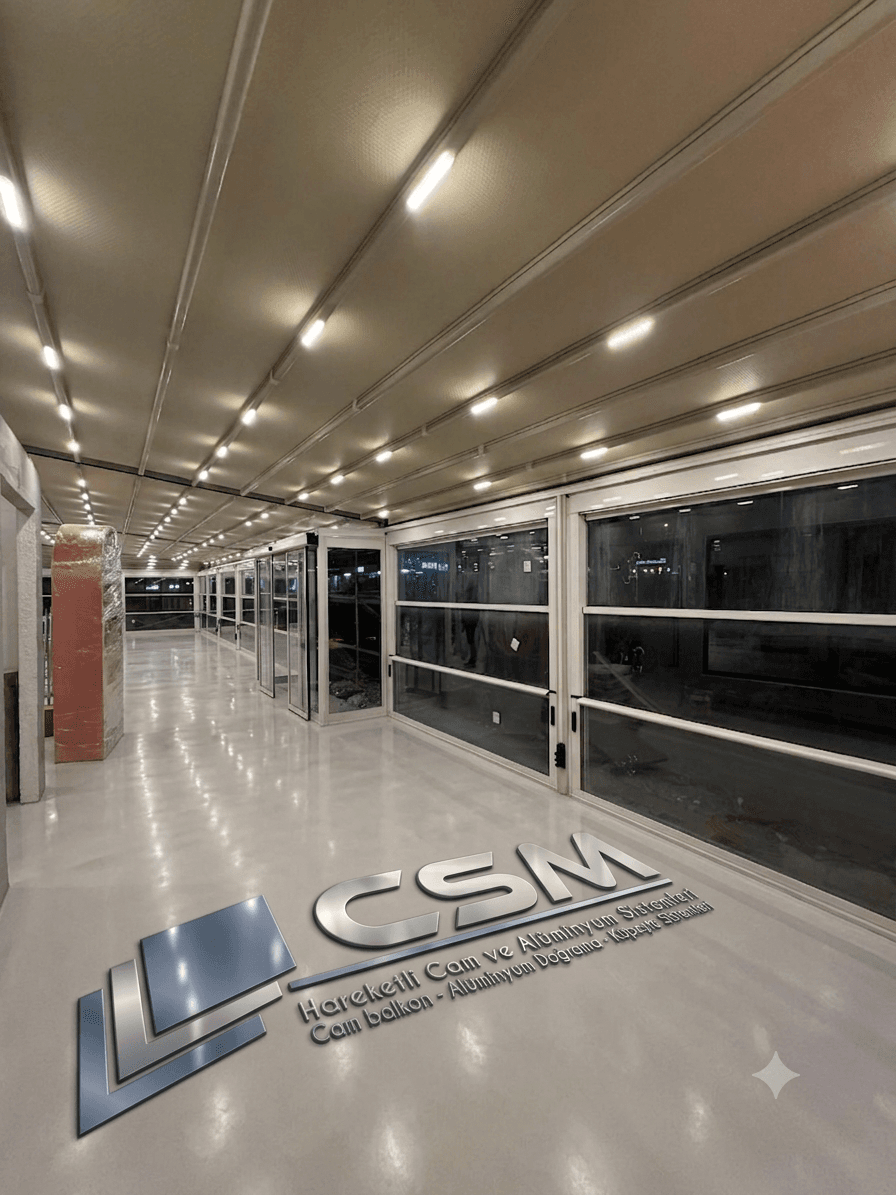 Aydınlatmalı ticari mekânda alüminyum profilli cam cephe ve kapatma sistemi uygulaması, CSM